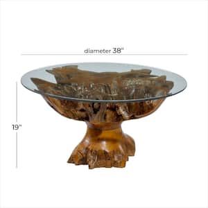 38 in. Brown Teak Wood Round Glass Top Coffee Table with Live Edge