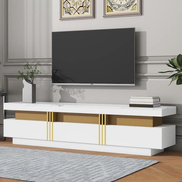 Nestfair 68.8 in. White TV Stand Fits TVs up to 78 in. with High Gloss Faux Marble Top and 3-Drawers