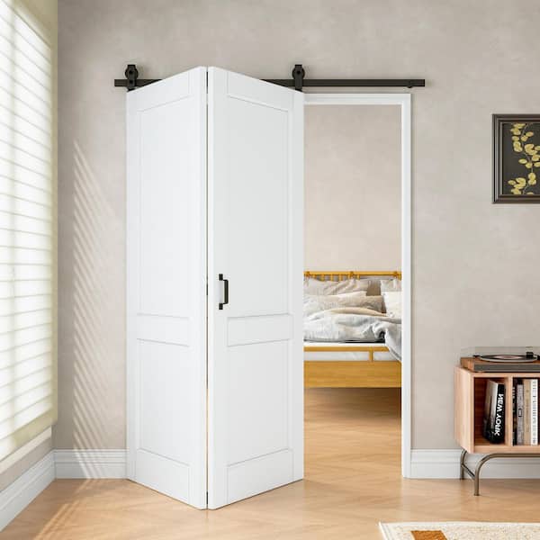 ARK DESIGN 60 in. x 80 in. (2 30 in. Slabs) 2 Paneled White Primed DIY Painting MDF Bifold Sliding Barn Door with Hardware Kit