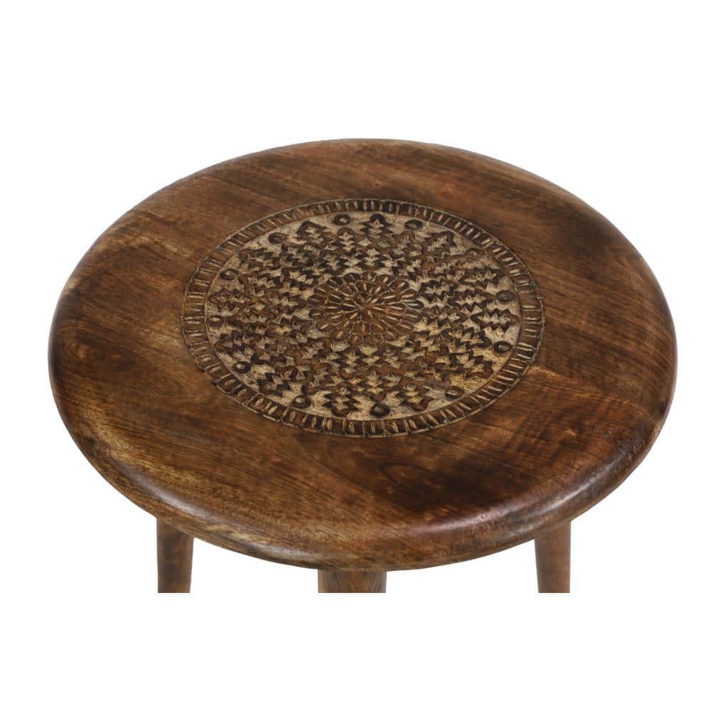 Handcrafted Dark Brown Mango Wood Floral Carved Round Accent Table
