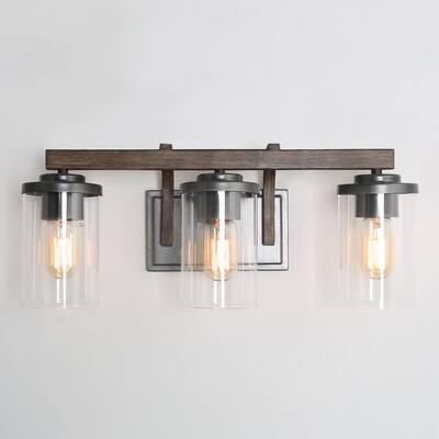 Birddlewood 20 in. 3-Light Rust Gray Bathroom Vanity Light with Wood Accents and Clear Glass Shades
