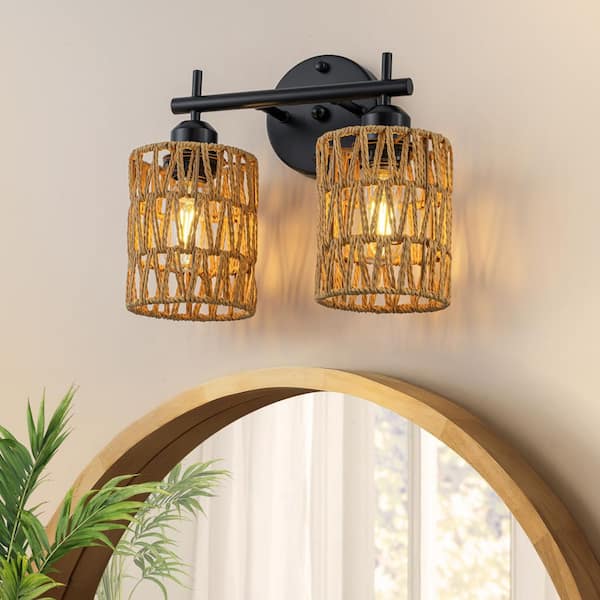 11.81 in. 2-Light Farmhouse Black Bathroom Vanity Light with Cylinder Yellow Rattan Shade