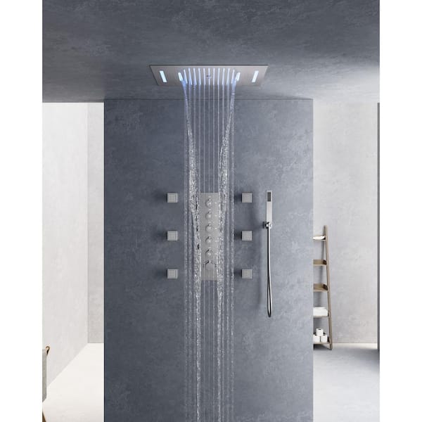 YAWWALK Thermostatic 5-Spray 23 x 15 in. Square LED Mood Lighting Bluetooth Music Shower System with Valve in Brushed Nickel