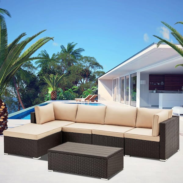 Unbranded 6-Piece Wicker Patio Conversation Set with Beige Cushions, Outdoor Conversation Sectional Set