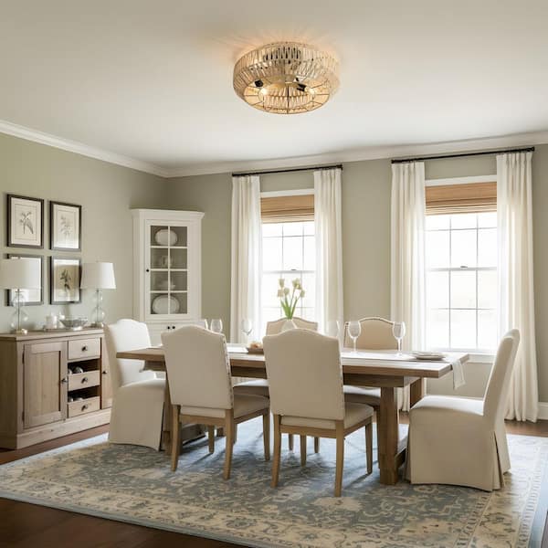 22 in. Indoor Flush Mount Black Boho Style Ceiling Fan with Light Kit, Remote Control, Rattan Accents