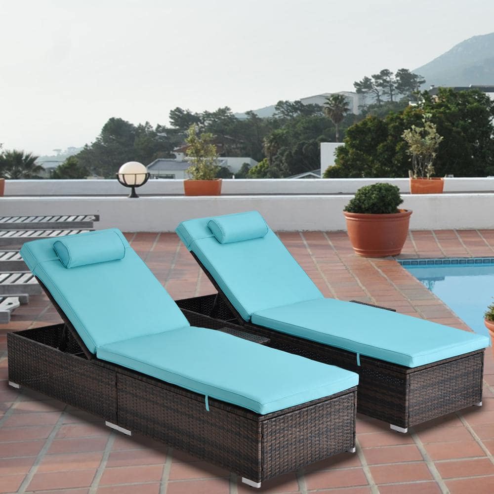 Wateday Patio 2-Piece Wicker Outdoor Chaise Lounge ' with Blue Cushions ...
