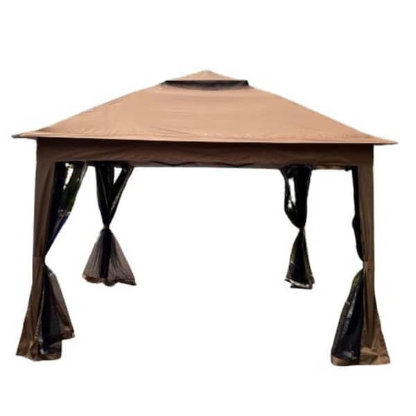11 ft. x 11 ft. Brown Pop-Up Gazebo Canopy with Removable Zipper Netting, 4-Sandbags, 2-Tier Soft Top for Patio, Garden