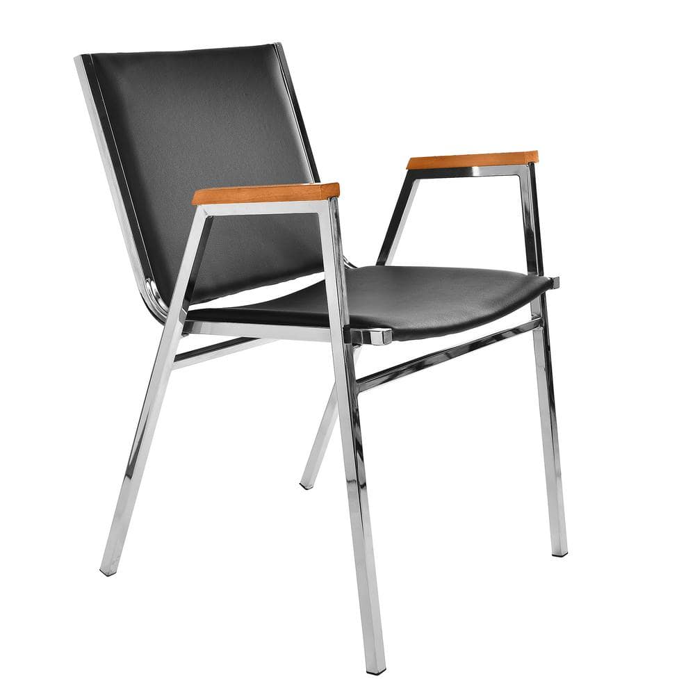 Black Vinyl and Metal Stackable Office Chair with Walnut Armrests