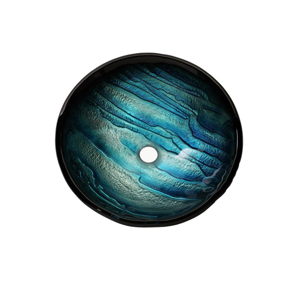 Ice-Blue Glass Round Vessel Sink with Oil Rubbed Bronze Faucet