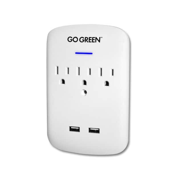 GoGreen Power 3 Outlet Wall Tap w/ 2 USB Ports, 735 Joule Surge Protection, 3.1A USB