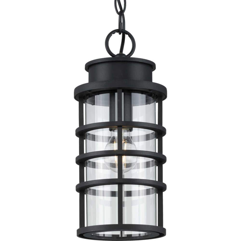 Black Ribbed Frame Outdoor Hanging Lantern with Clear Glass Shade