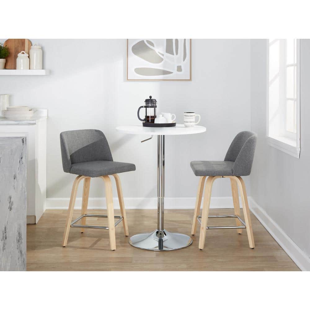 Gray Upholstered Swivel Counter Stool with Wood Legs