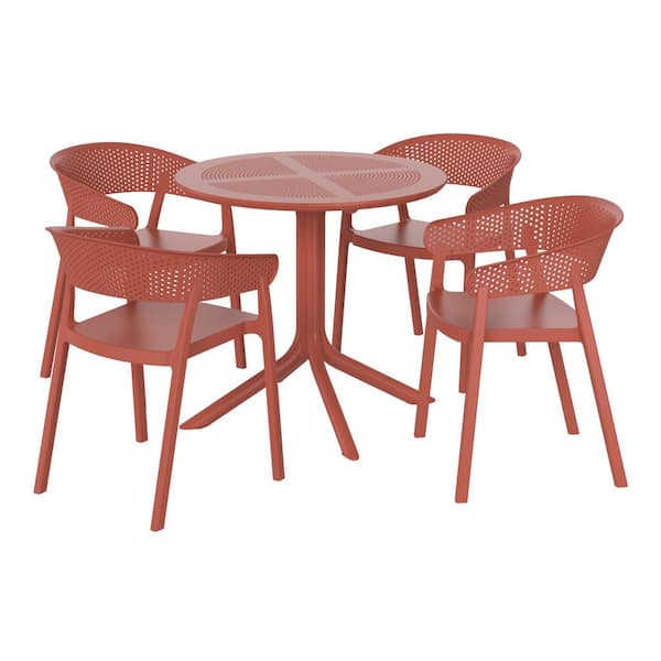Frond and Form Modern Outdoor Patio Poly Plastic 5-Piece Round Table Dining Set w/ 4 Stackable Chairs in Red