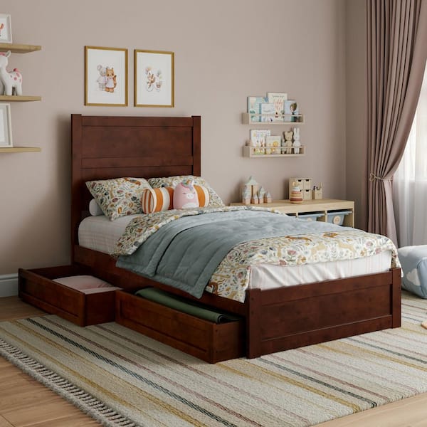 Aveline Walnut Brown Wood Frame Twin Platform Bed with Matching Footboard and Storage Drawers
