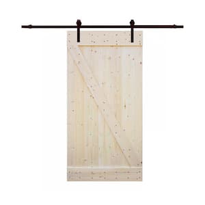 42 in.x84 in. Z Bar DIY 1-Panel Unfinished Natural Wood Sliding Barn Door w/ 8 ft. Dark Coffee Sliding Door Hardware Kit