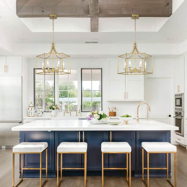 22.24 in. 6-Light Vintage Gold Geometric Cage Chandelier Light Fixture for Kitchen Island