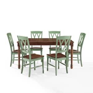 Shelby 7-Piece Rectangular Dark Cherry and Teal Wood Top Dining Set Seats 6