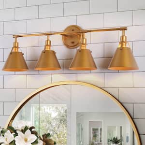 31 in. Brushed Vintage Gold Bathroom Vanity Light 4-Light Classic Powder Room Wall Sconce with Metal Bell/Cone Shades