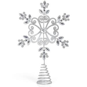 Star Snowflake Tree Topper - Silver Glitter Floral Snowflake with a Sparkling Gem Christmas Tree Top Decor