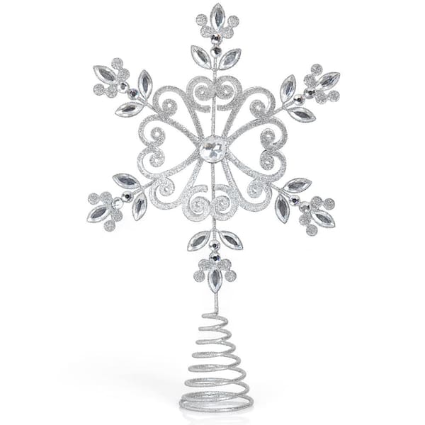 ORNATIVITY Star Snowflake Tree Topper - Silver Glitter Floral Snowflake with a Sparkling Gem Christmas Tree Top Decor