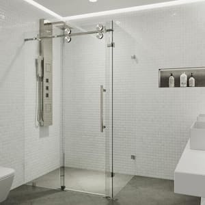 Winslow 34 in. L x 58 in. W x 74 in. H Frameless Sliding Rectangle Shower Enclosure in Stainless Steel with Clear Glass