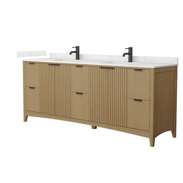 Palmilla 84 in. Double Freestanding Natural Oak Bath Vanity with Giotto Quartz Top Assembled