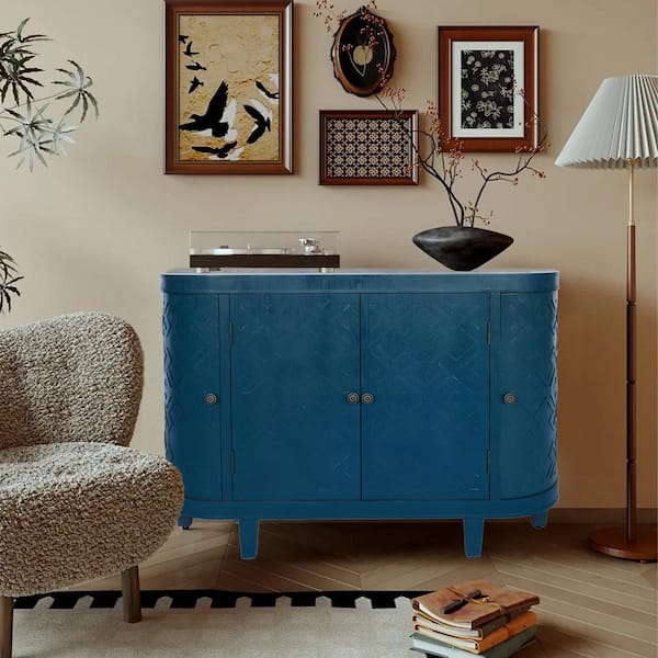47 in. Blue Oval Storage Cabinet-Rustic 4-Door Buffet Sideboard with Sliding Doors,Fluted Design for Living Room