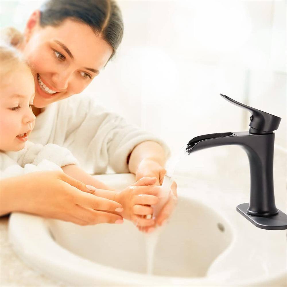 Matte Black Brass Waterfall Bathroom Faucet with Pop-Up Drain