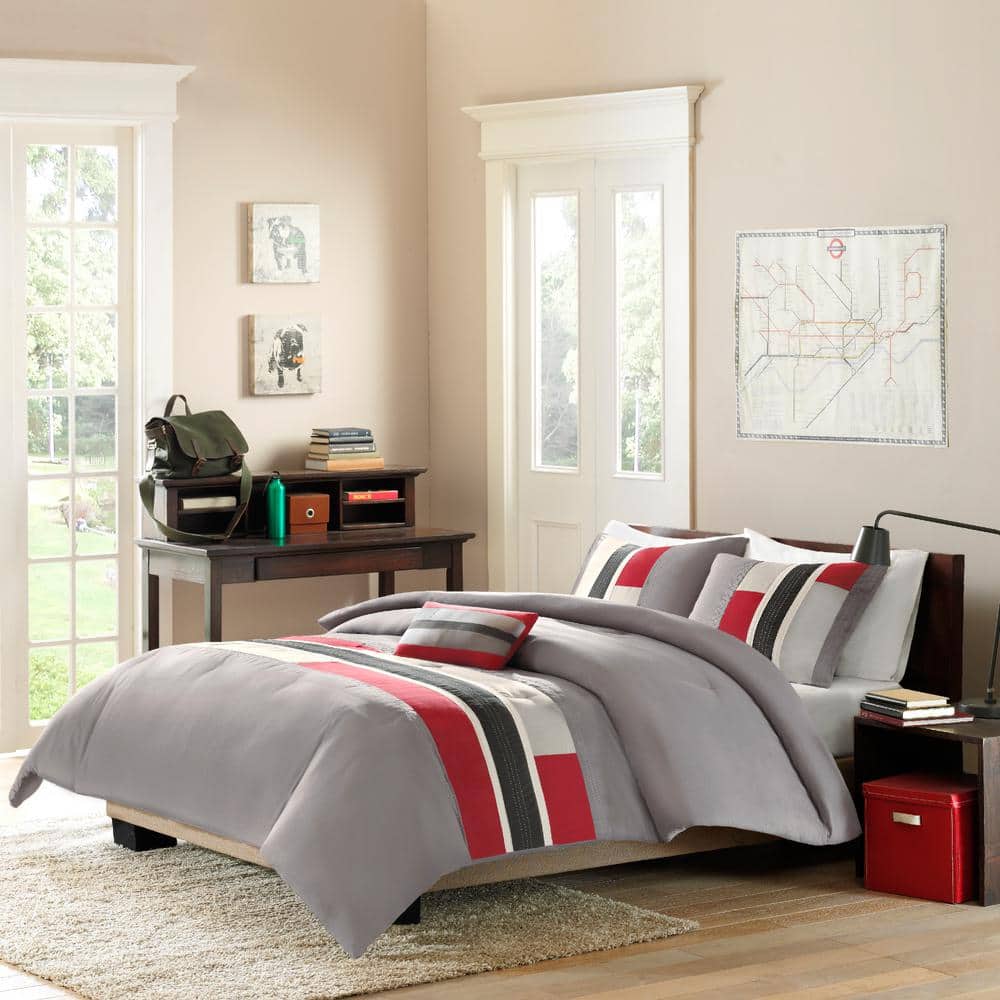 Comfort Spaces Colin Bed in A Bag 9 Piece Comforter and Sheet Set, Queen, Red/Grey