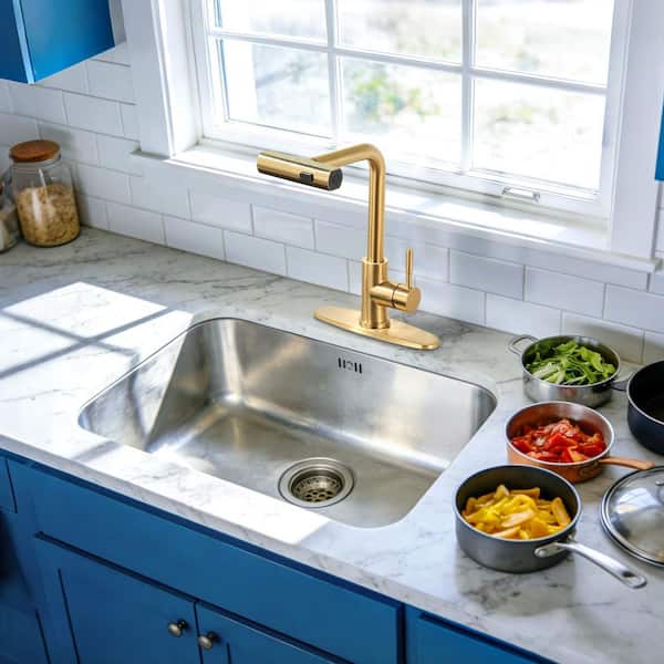 15.7 in. 3 Modes Single Handle Waterfall Pull Down Sprayer Kitchen Faucet with 360° Spout Swivel in Gold