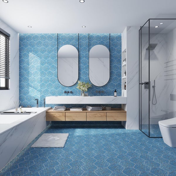 Amalfi 9 in. x 8 in. Yosemite Blue w/Copper Flecks Glossy Shell, Terrazzo Hexagon Marble Tile (1.8 sq. ft./case, 5-Pack)