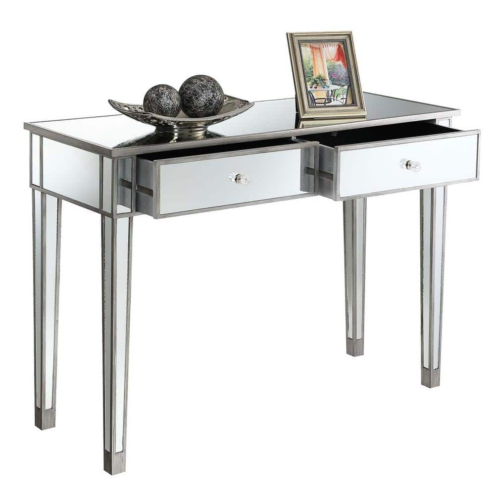 Antique Silver Mirrored Wood Console Table with Storage