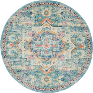Passion Ivory/Light Blue 4 ft. x 4 ft. Persian Modern Transitional Round Area Rug