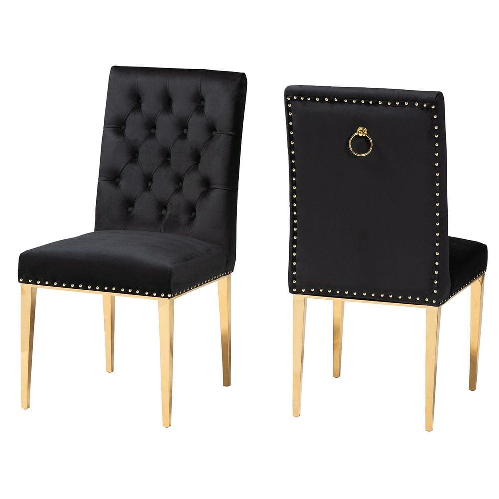Black Velvet and Gold Upholstered Dining Side Chair Set