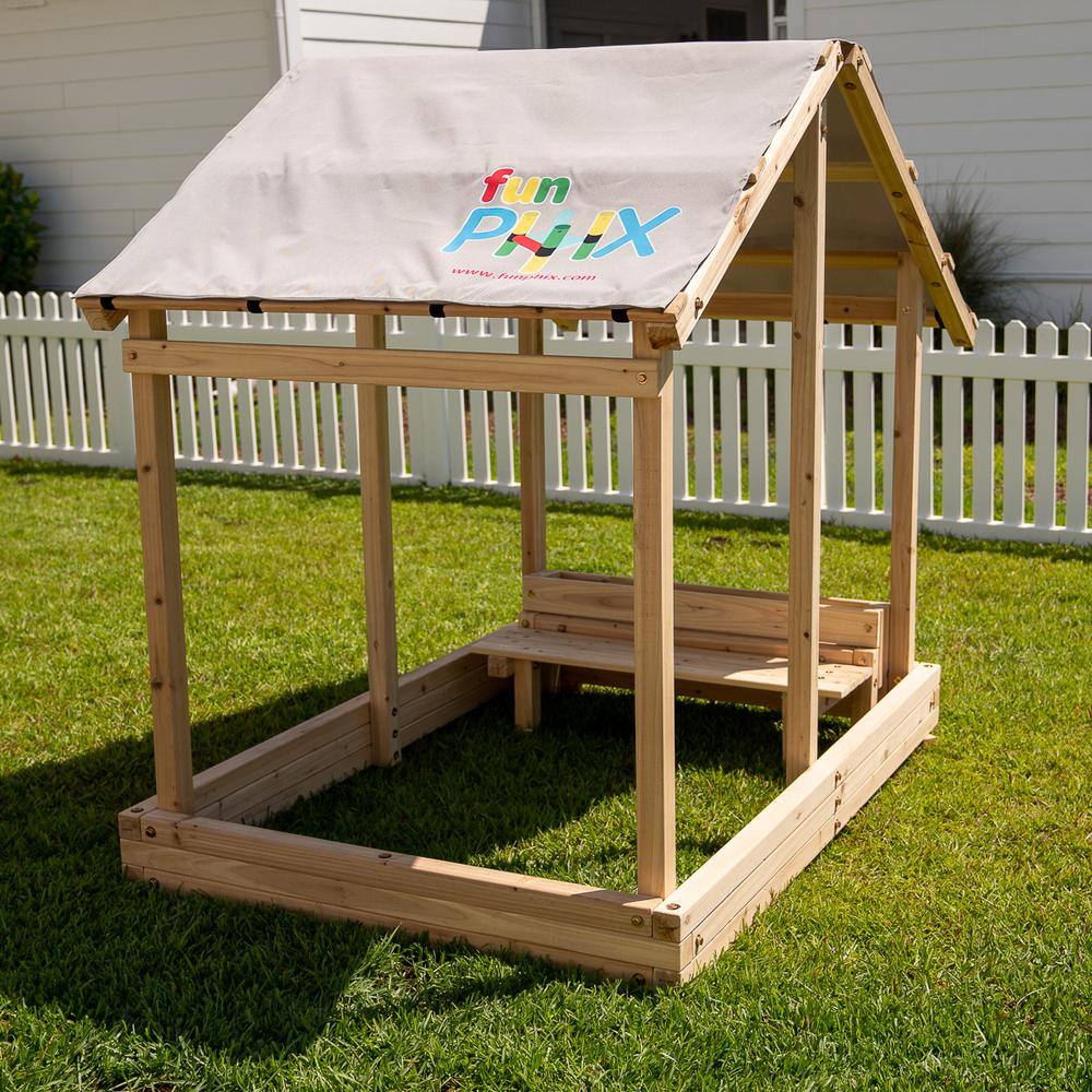 Funphix Wooden Sandbox Playhouse with Bench and Planter