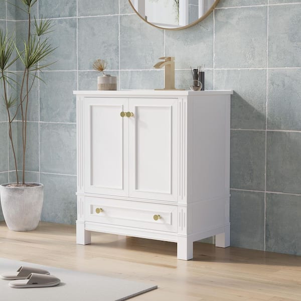 30 in. W Freestanding Single Sinks White Bath Vanity Cabinet with White Ceramic Top and Bottom Drawer Unassembled