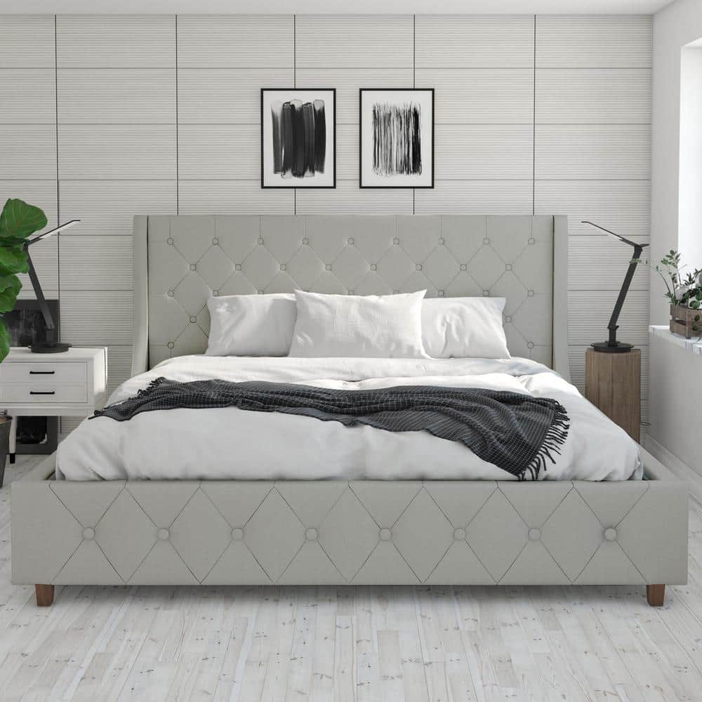 Light Gray Linen Tufted King Upholstered Bed with Metal Frame