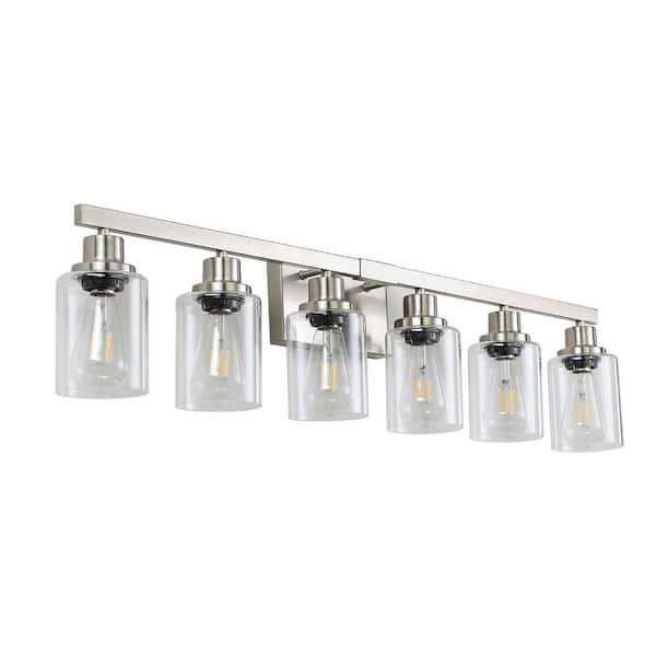 AVITAS 36.8 in. 6-Light Rustic Nickel Bathroom Vanity Light with Clear Glass Shades for Mirror, Vanity (Bulb Not Included)