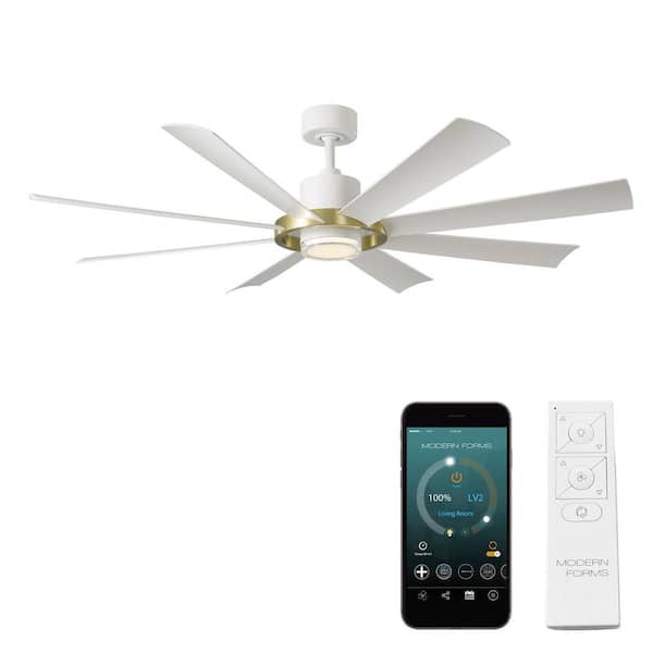 Modern Forms Aura 60 in. Smart Indoor/Outdoor Matte White-Soft Brass Windmill Ceiling Fan Selectable CCT Integrated LED and Remote