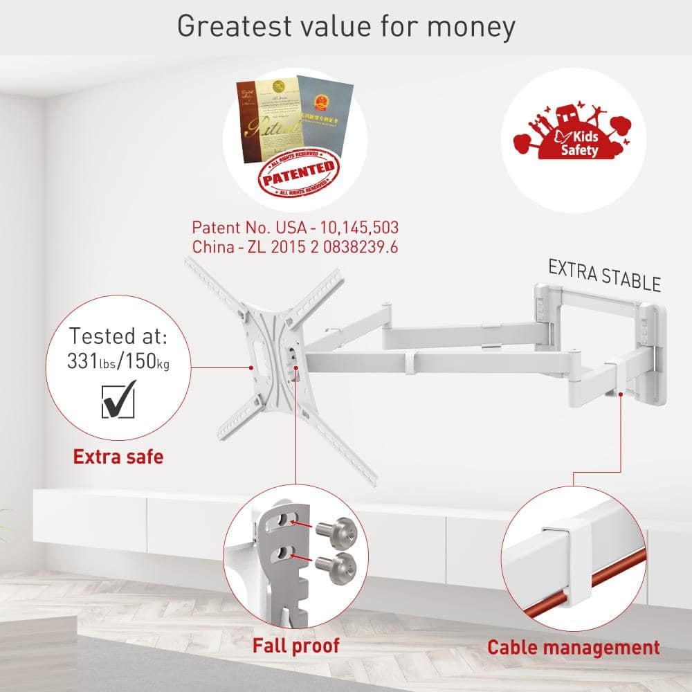White Extra Long Dual Arm Full Motion TV Wall Mount