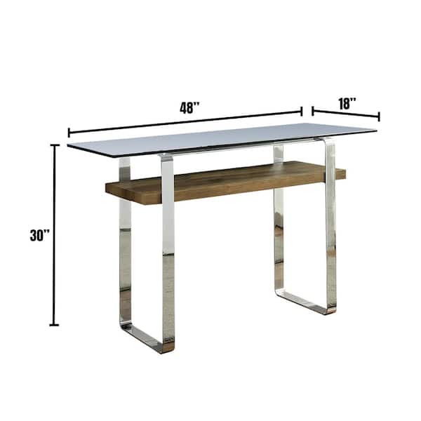 Elpeth 48 in. Chrome/Brown Standard Rectangle Glass Console Table with Shelf