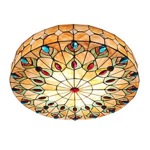 23 in. 1-Light Elegant Retro Indoor Colorful Stained Glass Shade Selectable LED Flush Mount Ceiling Light