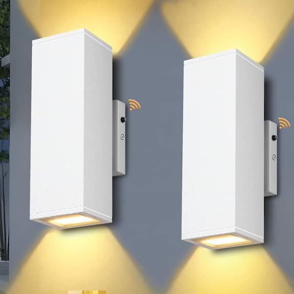 2-Light Rectangular Dusk to Dawn Sensor White Indoor/Outdoor LED Wall Light, Up/Down Outdoor Wall Lantern Sconce(2-Pack)