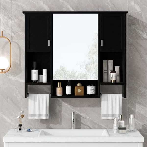 35 in. W x 28.7 in. H Black Rectangular Medicine Cabinet with Mirror, Towels Bar and Adjustable Shelves