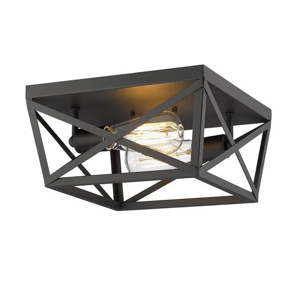 JAZAVA 11 in. 2-Light Black Finish Caged Square Ceiling Flush Mount ...