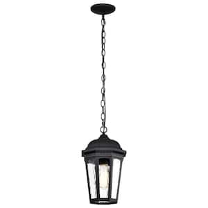 East River 14.5 in. 1-Light Matte Black Dimmable Outdoor Pendant Light with Clear Water Glass and No Bulbs Included