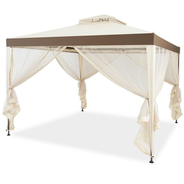 10 ft. x 10 ft. Patio Gazebo with Netting and Double Tiered Roof in Beige