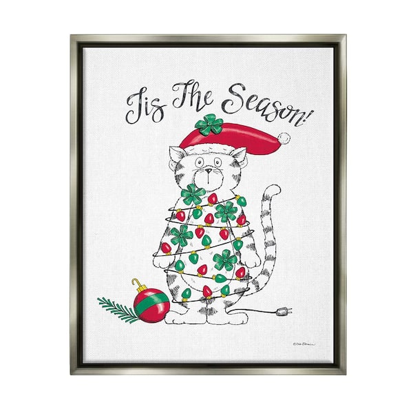 Stupell Industries Tis the Season Cat by Deb Strain 1 Piece Floater Frame Graphic Print Animal Poster Art Print 21 in. x 17 in.