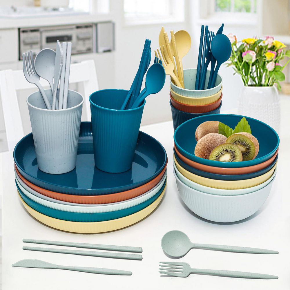 42-Piece Multi-Colored Wheat Straw Dinnerware Sets for 6, Unbreakable, Eco Friendly, Dishwasher and Microwave Safe