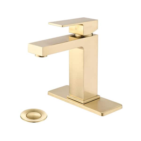 Tahanbath Single Handle Single Hole Bathroom Faucet with Pop-Up Drain Included and Spot Resistant in Brushed Gold